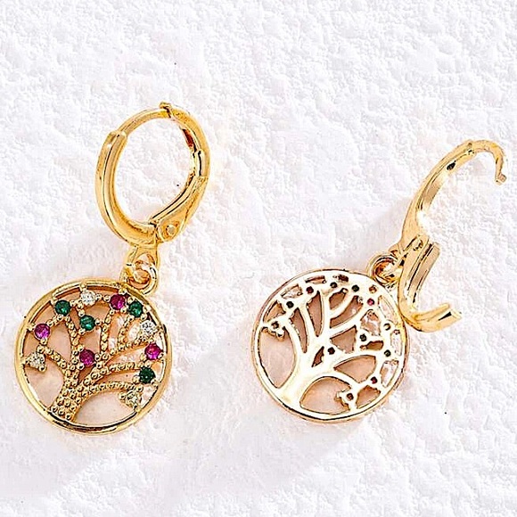 Gold 14K GP Tree Of Life Zircon Earrings - Picture 4 of 4